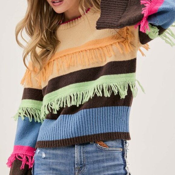 J. NNa Fringe Cropped Pullover Sweater Womens Sz Small Orange Blue Colorblock - Picture 2 of 12